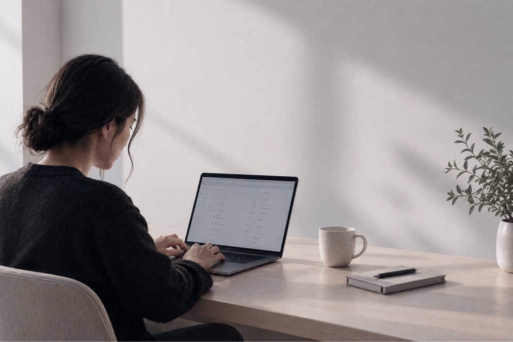 Person working on a laptop in a calm, minimalist workspace