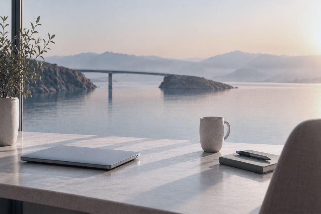 Minimalist workspace at sunrise